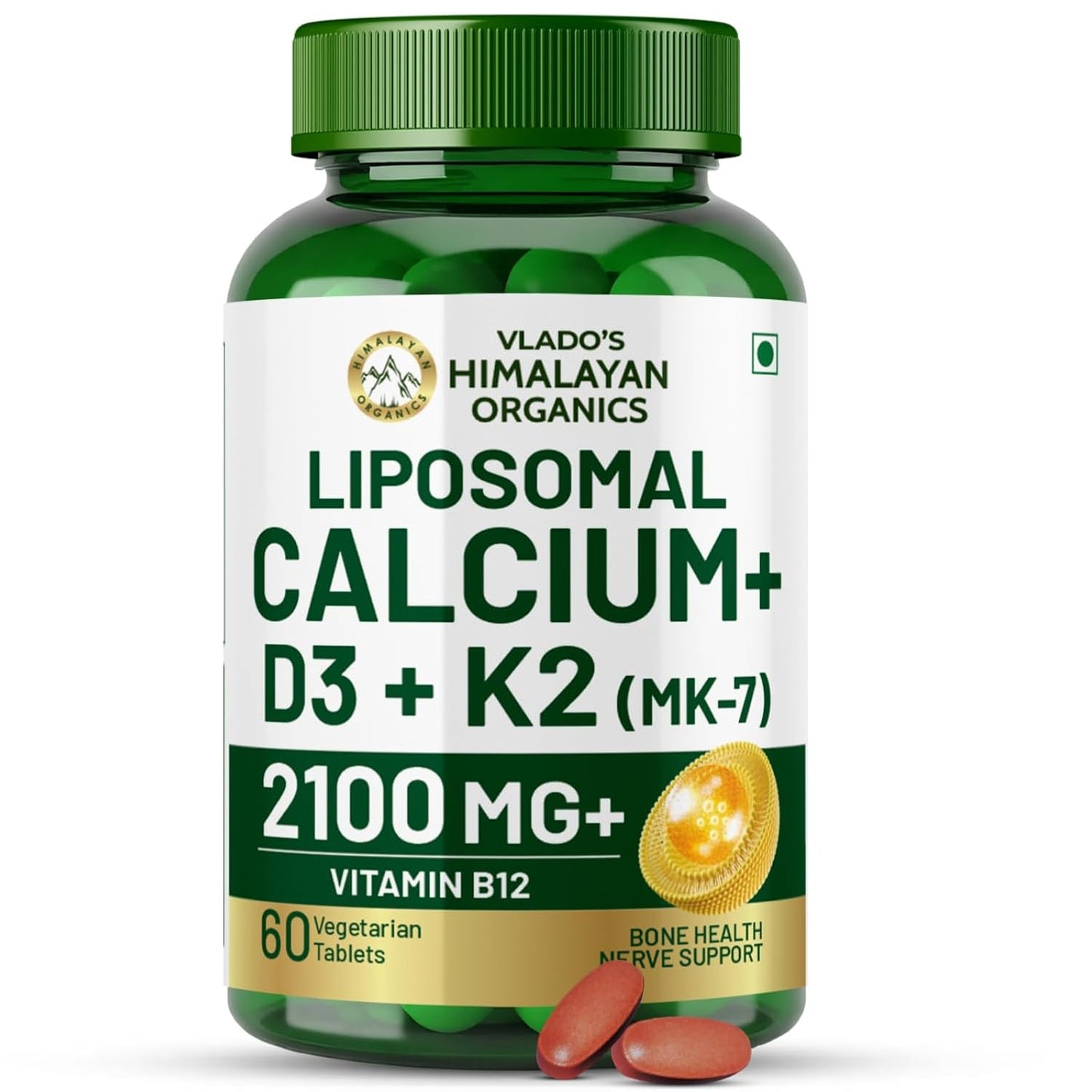 Vlado’s Himalayan Organics Liposomal Calcium 2100 mg with Vitamin D3, K2 (MK-7) & Vitamin B12 – 60 Veg Tablets | For Men & Women