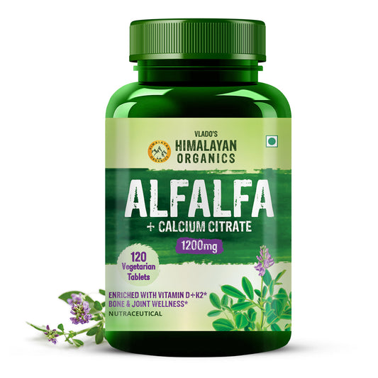 Vlado's Himalayan Organics Alfalfa with Calcium Citrate Malate, Vitamin D, K2, MK-7, B12, Zinc & Magnesium | Bone & Joint Wellness | 120 Veg Tablets