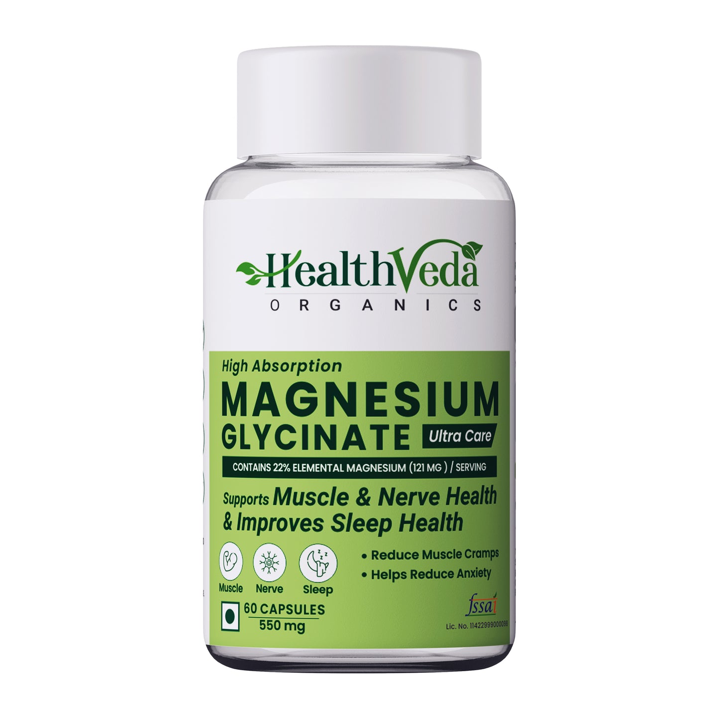 Health Veda Organics High Absorption Magnesium Glycinate, 550mg | 60 Veg Capsules | Supports Nerve & Muscle Health | Improves Sleep Quality | For Both Men & Women