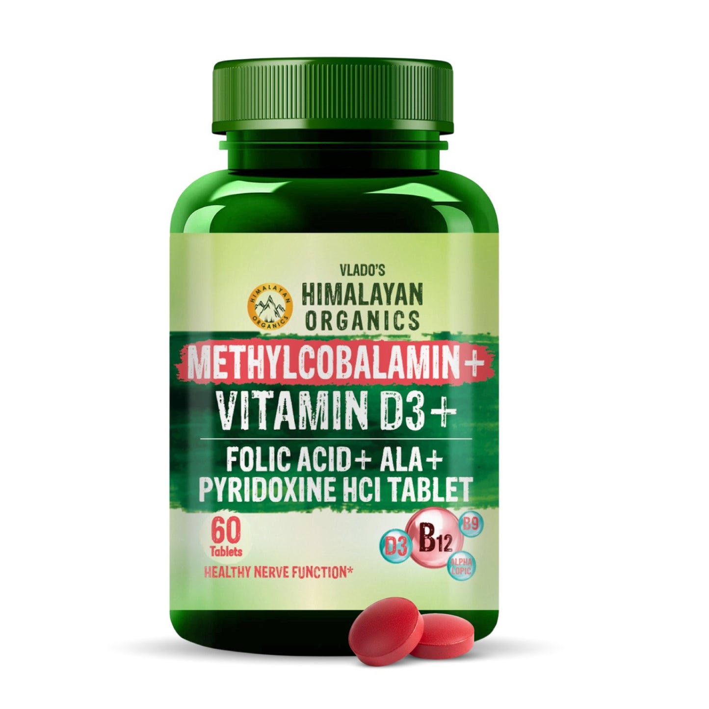 Vlado's Himalayan Organics Vitamin B12 1500 mcg with Vitamin D3 | Methylcobalamin, Alpha Lipoic Acid & Folic Acid | Dietary Supplement for Men & Women | 60 Tablets