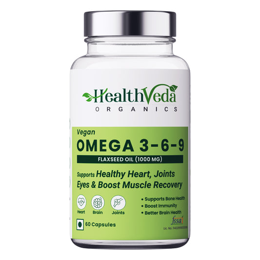 Health Veda Organics Vegan Omega 3-6-9 Flaxseed Oil (1000mg) for Healthy Bones, Hair & Skin| 60 Veg Soft Gel Capsules for Both Women & Men