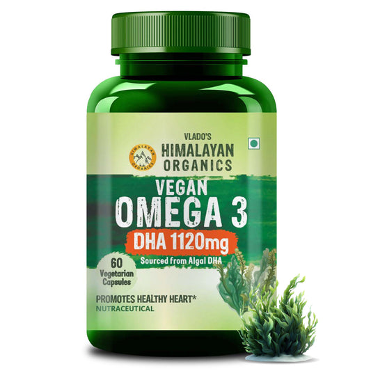 Vlado's Himalayan Organics Vegan Omega 3 – 1120 MG | 3X Strength | With Veg DHA & Algal Oil | Plant-Based Omega 3 | No Fish Oil | 60 Veg Capsules for Men & Women