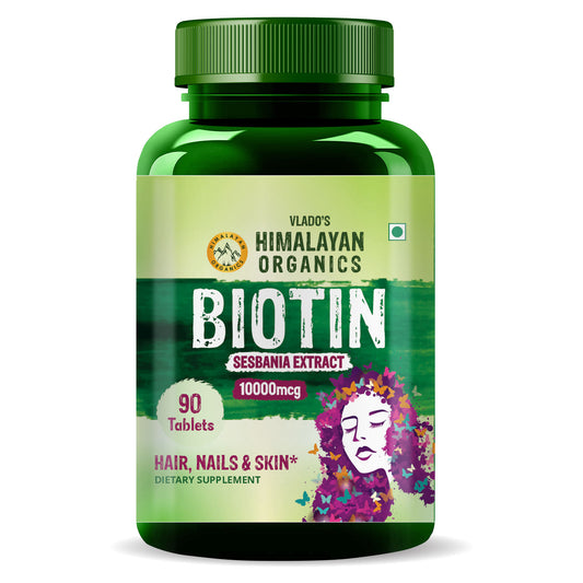 Vlado’s Himalayan Organics Biotin 10000 MCG Tablets | With Sesbania Grandiflora Extract | Biotin Supplement for Men & Women – 90 Veg Tablets
