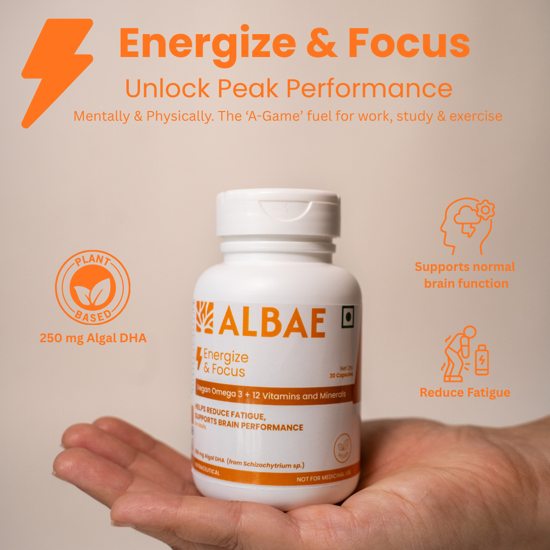 Albae Energize & Focus | 250mg Plant-based Algal DHA Omega-3 + 12 Essential Vitamins & Minerals | Supports Brain Function, Mental Performance & Energy | 30 Lemon-Scented Plant Based Softgels.