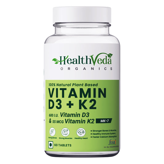 Health Veda Organics Vitamin D3 (600 IU) + Vitamin K2 as MK7 Supplement (55mcg) | 60 Veg Tablets | Supports Healthy Bones, Immunity & Joint Health | For Men & Women