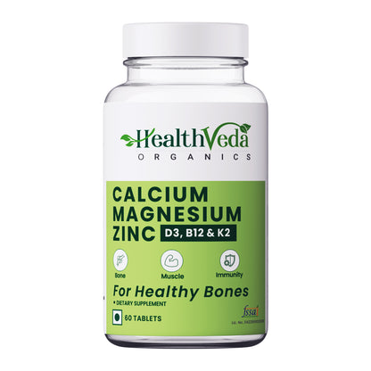 Health Veda Organics Calcium, Magnesium, Zinc with Vitamin D3 & B12, 1000mg I 60 Veg Tablets | Support Strong Bones, Joints & Muscles | For Both Men & Women