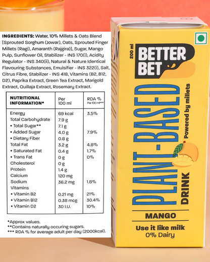 Better Bet Plant Based Mango Millet Drink, 200ml