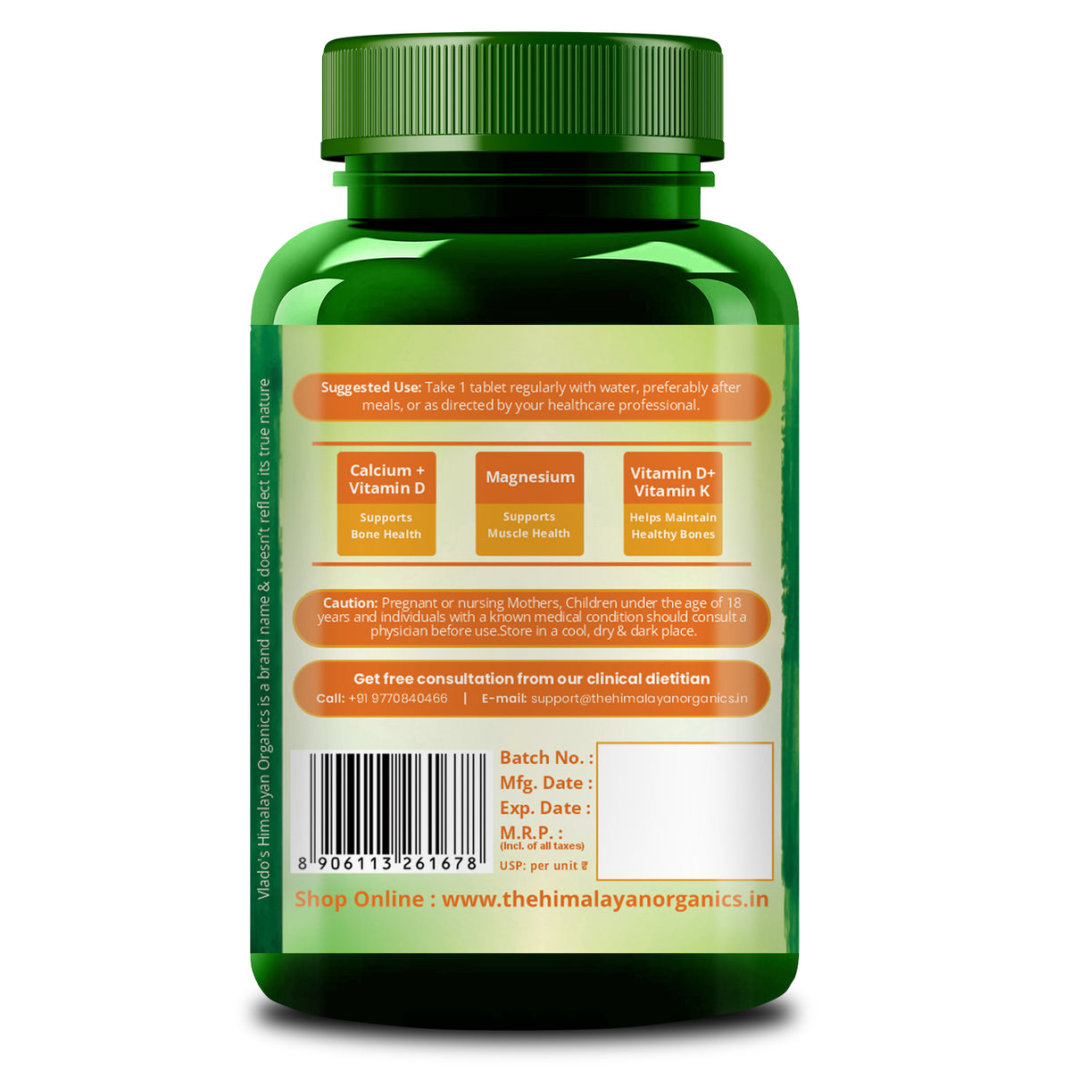 Vlado's Himalayan Organics Calcium Magnesium Zinc Vitamin D3 & B12- 120 Vegetarian Tablets