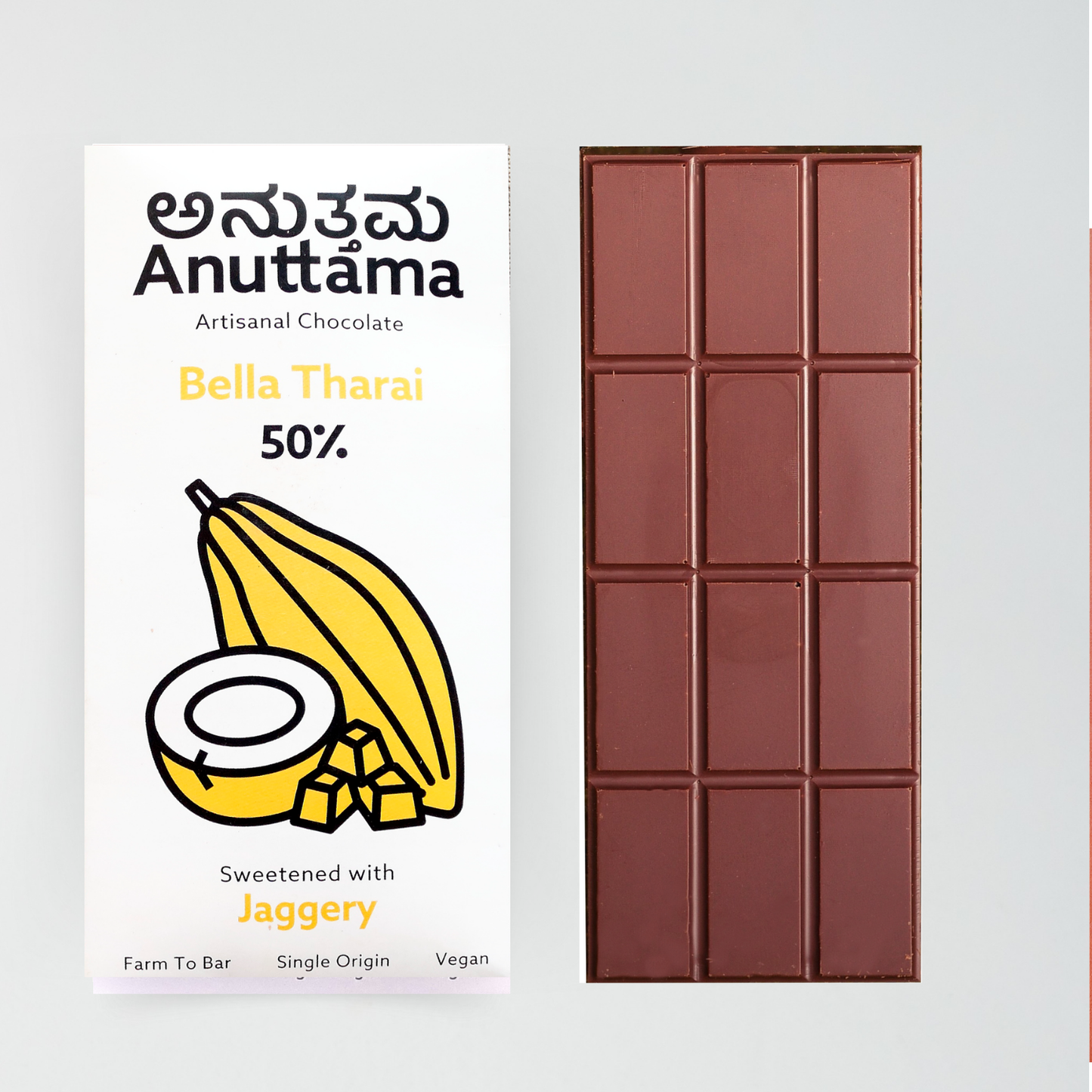 ANUTTAMA Dark Chocolate | Combo of 50% Bella Tharai Cocoa & 55% Cocoa  | Coconut Sugar  | 50gm, Pack of 2