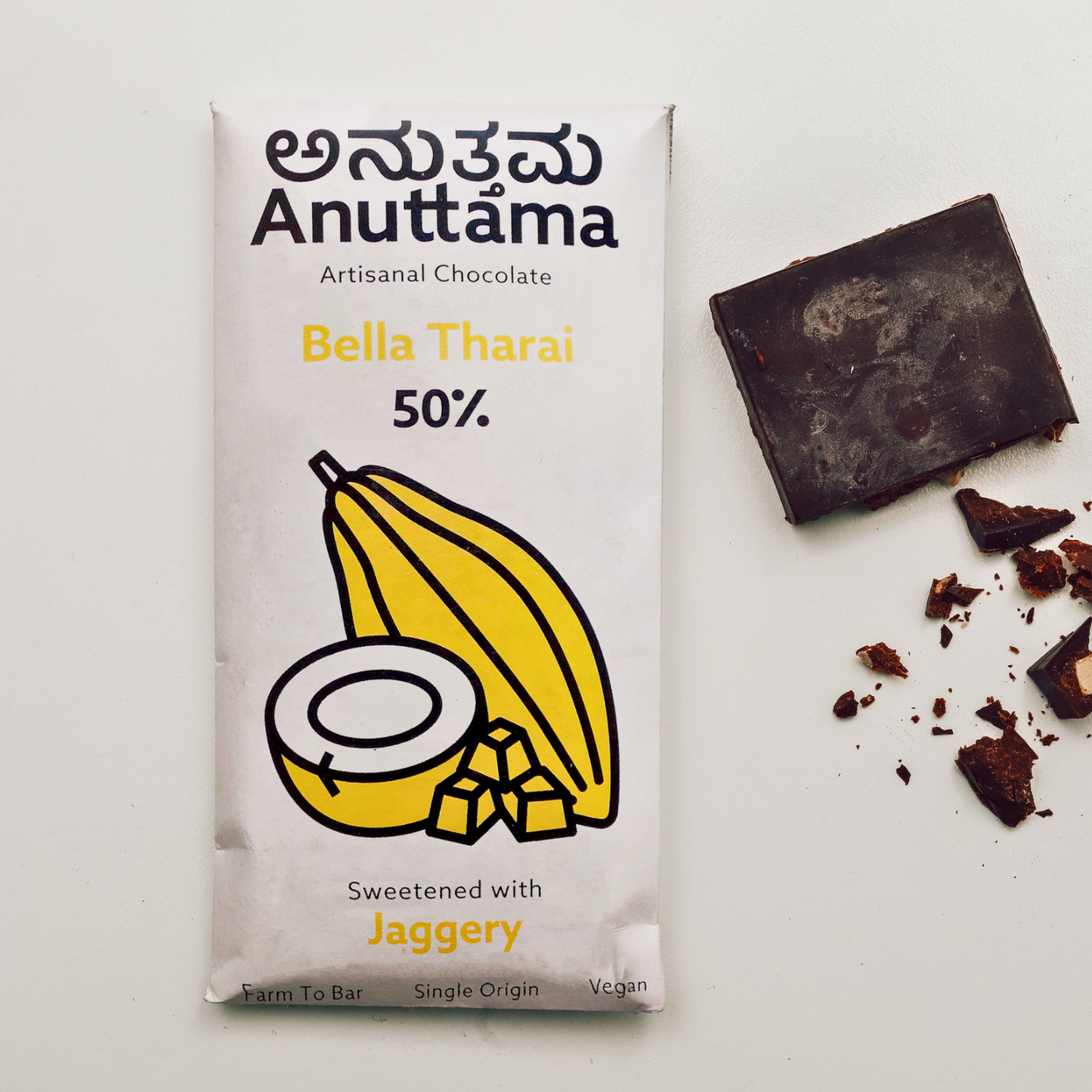 ANUTTAMA Bella Tharai  Dark Chocolate | Jaggery and Coconut Mylk |  50% Cocoa -Natural Jaggery Sweetened | 50 gm (pack of 1)