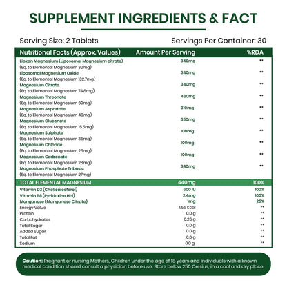 Vlado's Himalayan Organics Liposomal Magnesium Supplement 28000mg | 10 Magnesium Complex with Magnesium Citrate, Glycinate, Threonate, Oxide & More | With Vitamin D3 & B12 | High Bioavailability Formula | 60 Veg Tablets