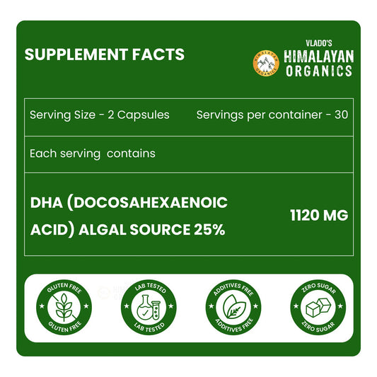 Vlado's Himalayan Organics Vegetarian Omega 3 – 1120 MG | 3X Strength | With Veg DHA & Algal Oil | Plant-Based Omega 3 | No Fish Oil | 60 Veg Capsules for Men & Women