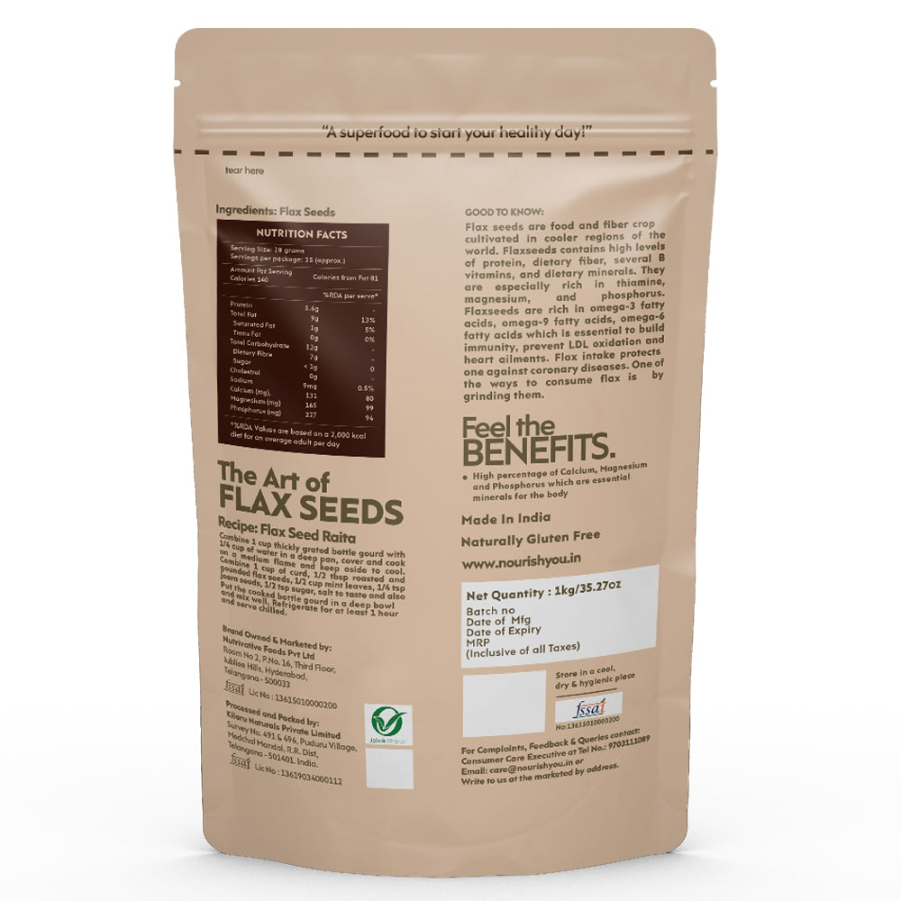 Nourish You Raw & Whole Flaxseeds 1Kg - Alsi Seeds | Whole Flax seeds for Hair Growth | Raw Seeds for Eating | Source of Iron & Dietary Fibre | Rich in Protein