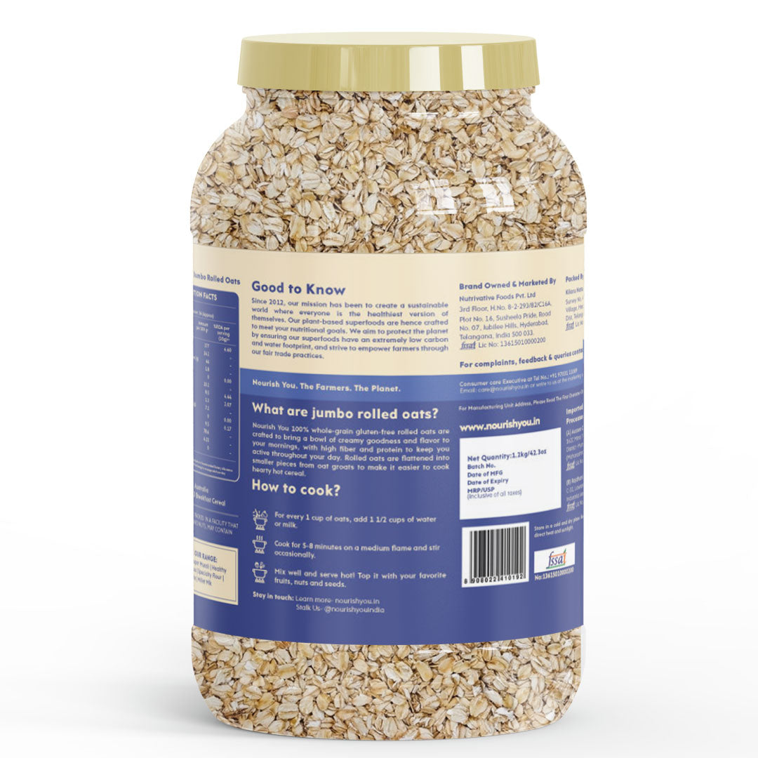 Nourish You Rolled Oats 1.2 kg – 100% Wholegrain Oatmeal | High Fiber & Protein-Rich Breakfast Cereal | Diet Food for Weight Management | Gluten-Free | No Added Sugar