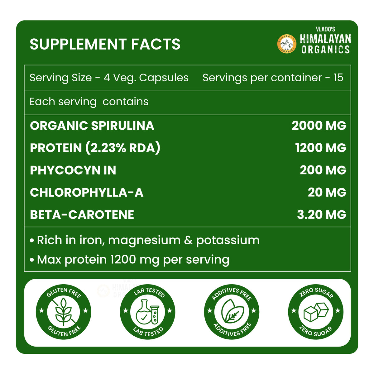 Vlado's Himalayan Organics Spirulina 2000mg Supplement | Plant-Based Superfood | 60 Vegetarian Capsules