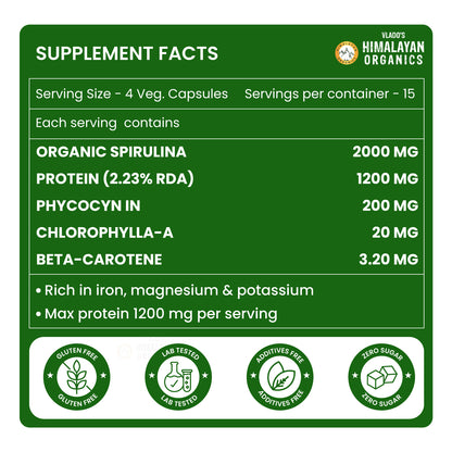 Vlado's Himalayan Organics Spirulina 2000mg Supplement | Plant-Based Superfood | 60 Vegetarian Capsules