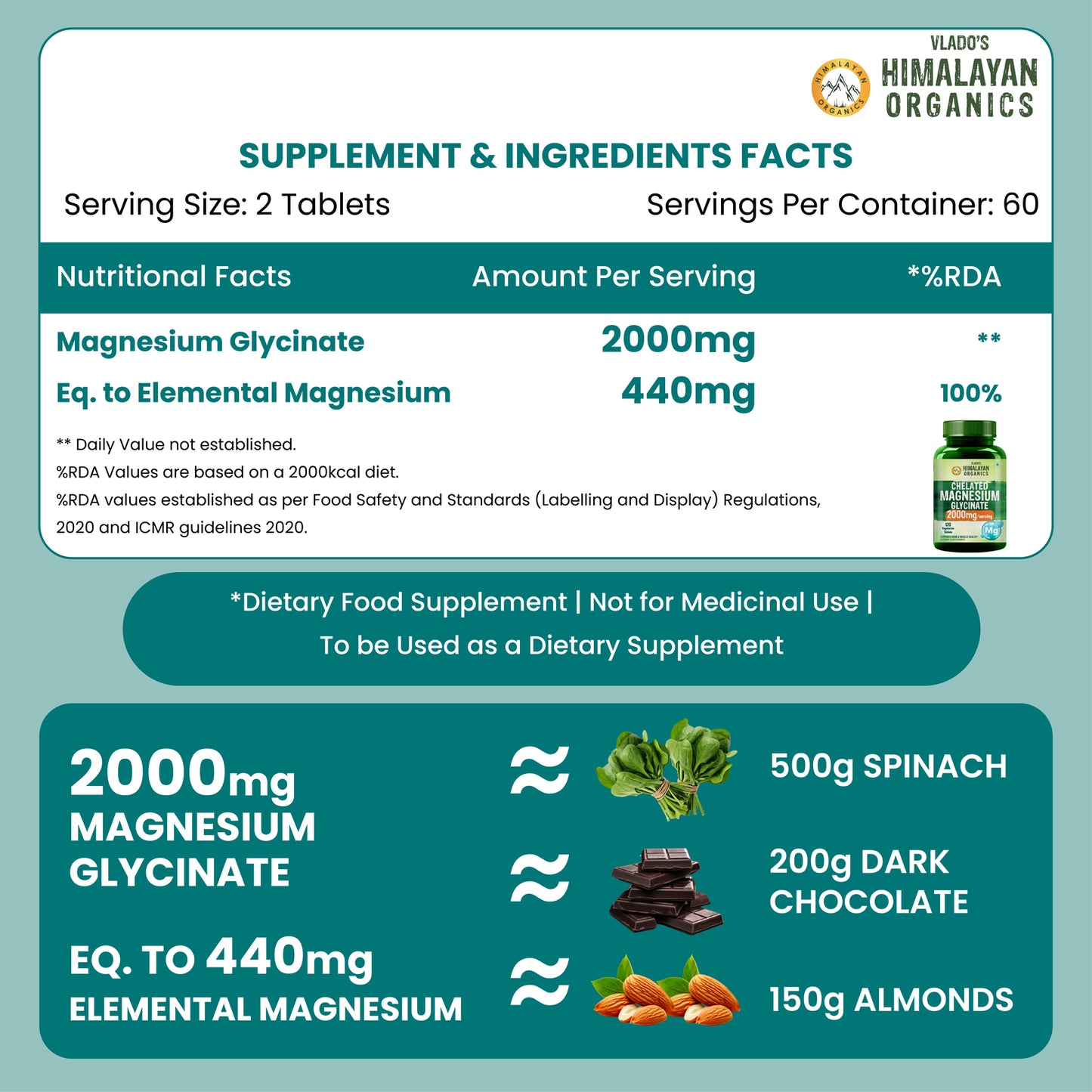 Vlado's Himalayan Organics Chelated Magnesium Glycinate | 120 Vegan Tablets