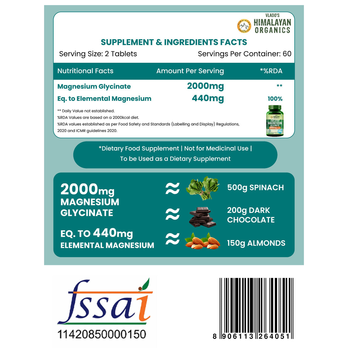 Vlado's Himalayan Organics Chelated Magnesium Glycinate | 120 Vegan Tablets