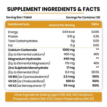 Vlado's Himalayan Organics Calcium Magnesium Zinc Vitamin D3 & B12- 60 Vegetarian Tablets
