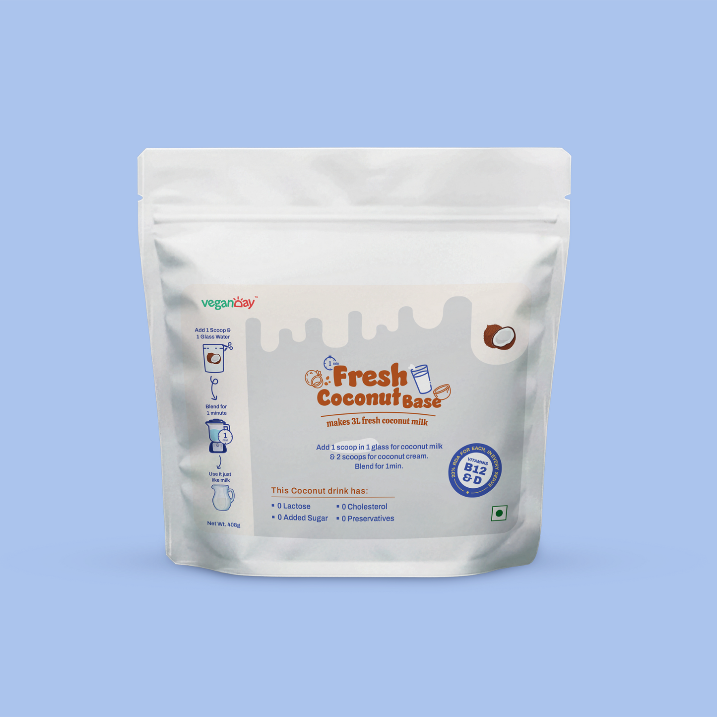 VeganDay Coconut Base (makes 3L Coconut Milk) | Fresh, Unsweetened & Plant-Based (PlantCa) | Just add water & blend | Dairy-free, Lactose-free | Zero added sugar, Zero Cholesterol, Zero Preservatives (3L Pack)