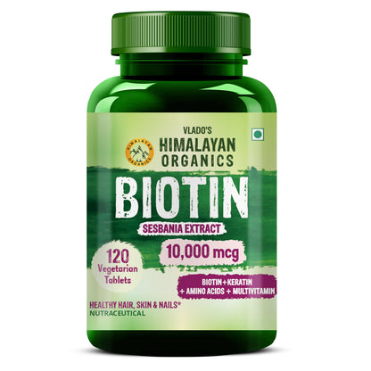 Vlado's Himalayan Organics Biotin 10,000 mcg Supplement with Keratin, Amino Acids & Multivitamin - 120 Veg Tablets