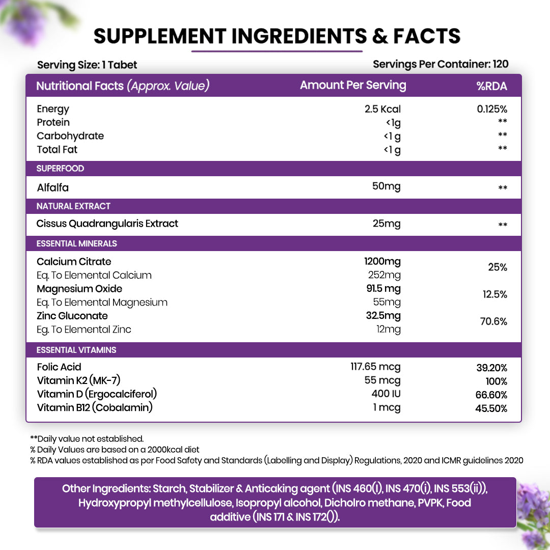 Vlado's Himalayan Organics Alfalfa with Calcium Citrate Malate, Vitamin D, K2, MK-7, B12, Zinc & Magnesium | Bone & Joint Wellness | 120 Veg Tablets