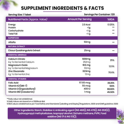 Vlado's Himalayan Organics Alfalfa with Calcium Citrate Malate, Vitamin D, K2, MK-7, B12, Zinc & Magnesium | Bone & Joint Wellness | 120 Veg Tablets
