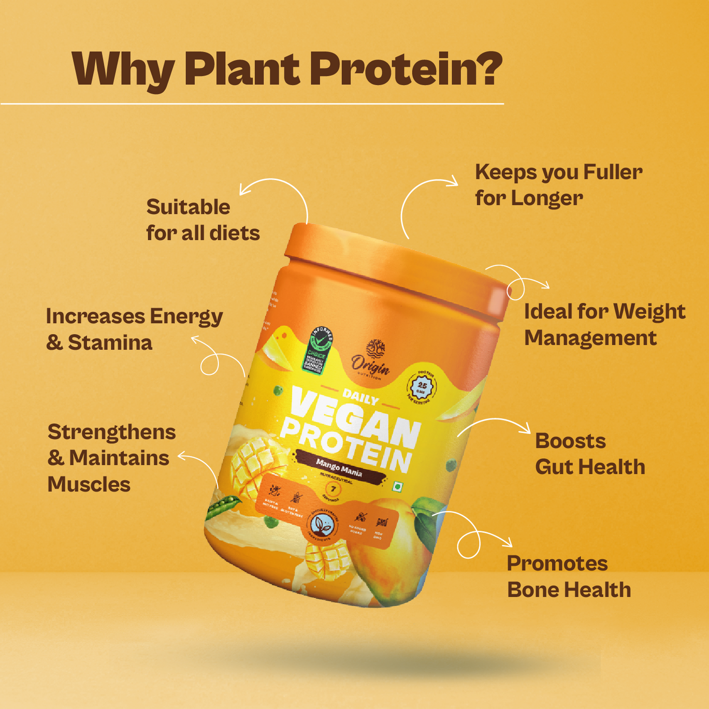 Origin Nutrition 100% Vegan Plant Protein Powder Mango Flavour with 25g Protein Per Serving, 289g