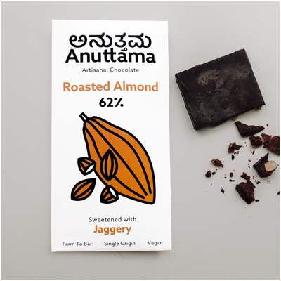 ANUTTAMA Dark Chocolate | 62% Cocoa with Roasted Almonds | Dark Chocolate Sugar Free | No Artificial Flavours and Colors | Natural Chocolate Bar 50 gm
