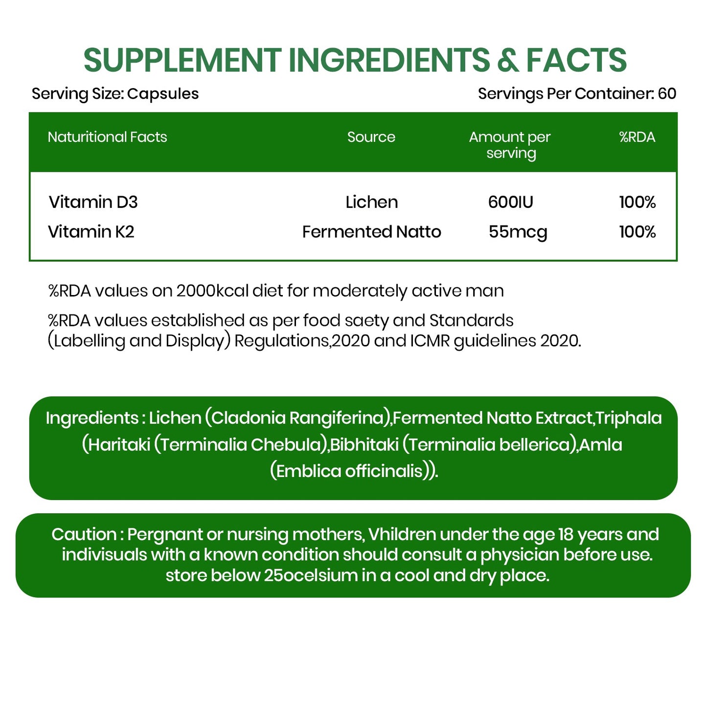 Vlado Himalayan Organics Plant Based Vitamin D3 600 IU + K2 MK7 55 mcg Capsules | Lichen-Sourced Vegan Vitamin D3 | Non-Synthetic Formula | 100% Vegetarian | 60 Capsules