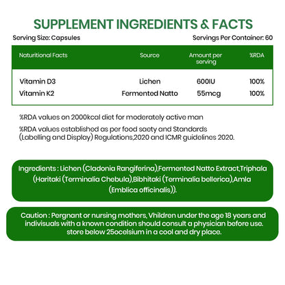 Vlado Himalayan Organics Plant Based Vitamin D3 600 IU + K2 MK7 55 mcg Capsules | Lichen-Sourced Vegan Vitamin D3 | Non-Synthetic Formula | 100% Vegetarian | 60 Capsules