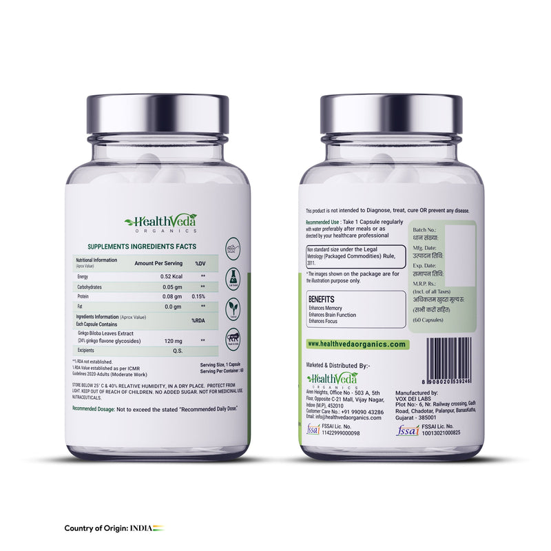 Health Veda Organics Ginkgo Biloba Supplements - 60 Veg Capsules