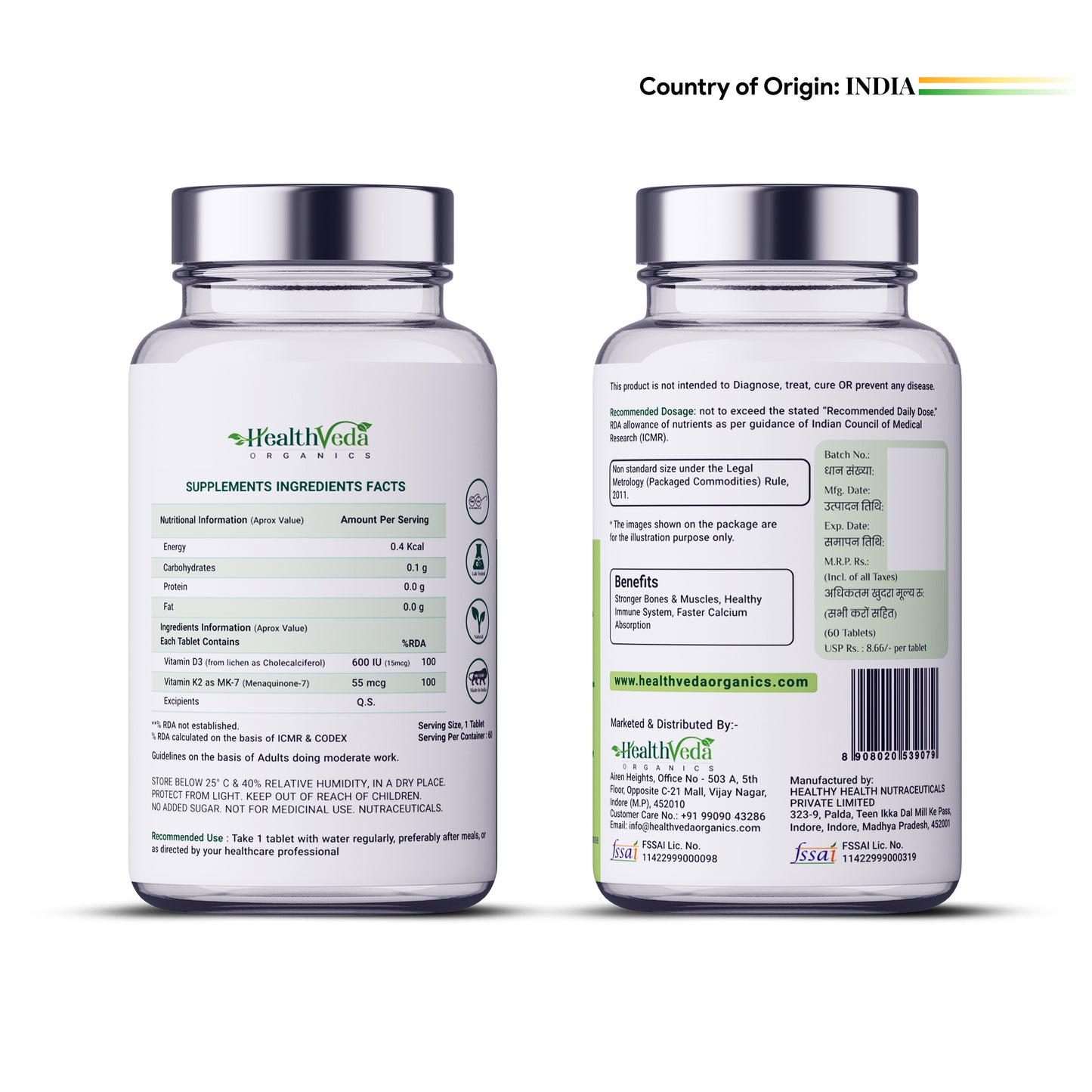 Health Veda Organics Vitamin D3 (600 IU) + Vitamin K2 as MK7 Supplement (55mcg) | 60 Veg Tablets | Supports Healthy Bones, Immunity & Joint Health | For Men & Women