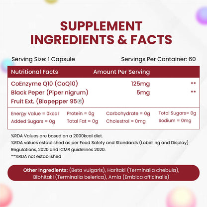 Vlado's Himalayan Organics CoQ10 -125mg With BioPepper - 5mg , COENZYME Q-10 125mg Supplement 60 Veg Capsules