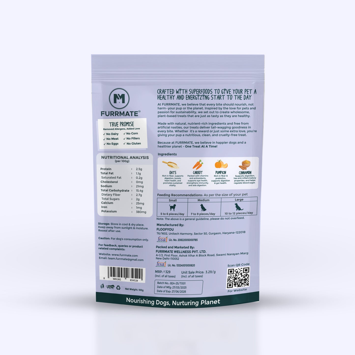 FURRMATE Veg Treats for Dogs (2x100g) | Gluten-Free | Made with Oats