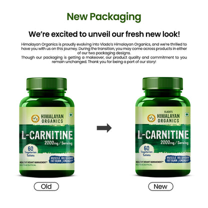 Vlado's Himalayan Organics L-Carnitine 2000 Mg | Healthy Weight Management | Supports Muscle Recovery, Boost Energy, Endurance, And Fat Burn - 60 Vegetarian Tablets