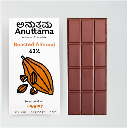 ANUTTAMA Dark Chocolate | 62% Cocoa with Roasted Almonds | Dark Chocolate Sugar Free | No Artificial Flavours and Colors | Natural Chocolate Bar (Pack Of-2 Each 50g)