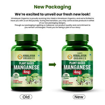 Vlado's Himalayan Organics Plant Based Manganese 4mg Supplement | Trace Mineral Supplement for Connective Tissue and Bones | Good For Skeletal Health Support - 120 Veg Capsules