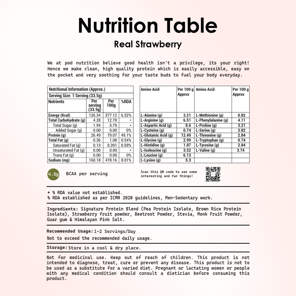 POD NUTRITION Pea Protein Isolate Powder | Vegan Plant Protein, No Added Sugar, Dairy Free| Clean & Easy to Digest with Essential Amino Acids (1kg, Real Strawberry)
