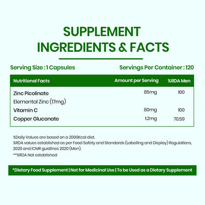Vlado's Himalayan Organics Zinc Picolinate with Vitamin C & Copper | Zinc Supplement with 17 mg Elemental Zinc | 120 Vegetarian Capsules