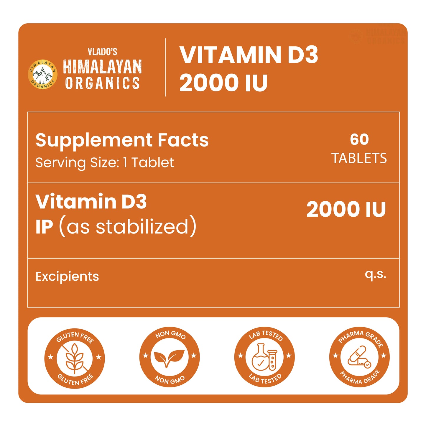 Vlado's Himalayan Organics Vitamin D3 2000 IU Chewable Tablets | Cholecalciferol | Orange Flavour | Dietary Supplement for Men & Women | 60 Tablets