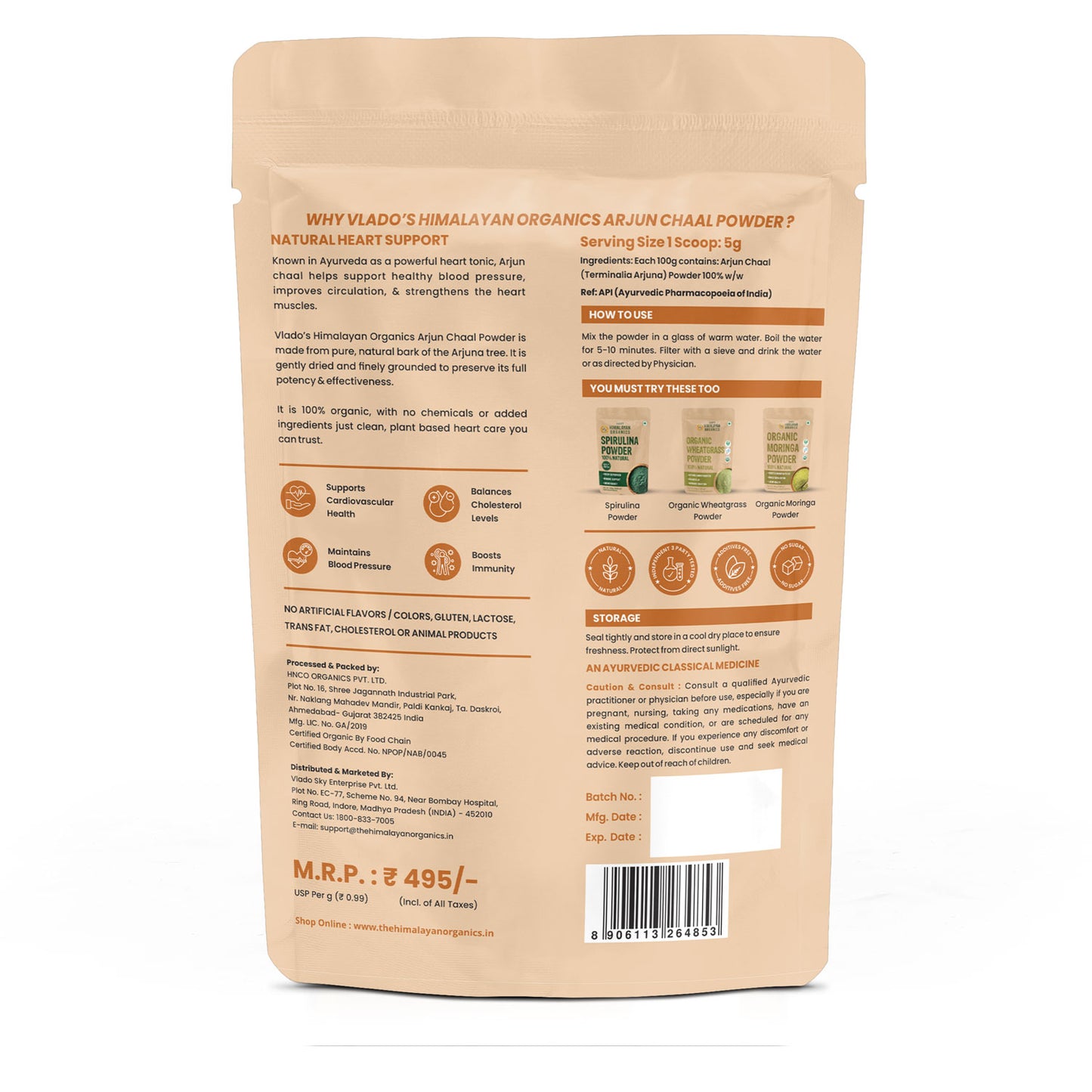 Vlado’s Himalayan Organics Arjun Chaal Powder | 100% Natural & Organic | 500g