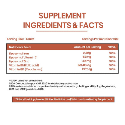 Vlado’s Himalayan Organics Liposomal Iron with Vitamin C, Vitamin B12, Zinc & Folic Acid – 100 Veg Tablets