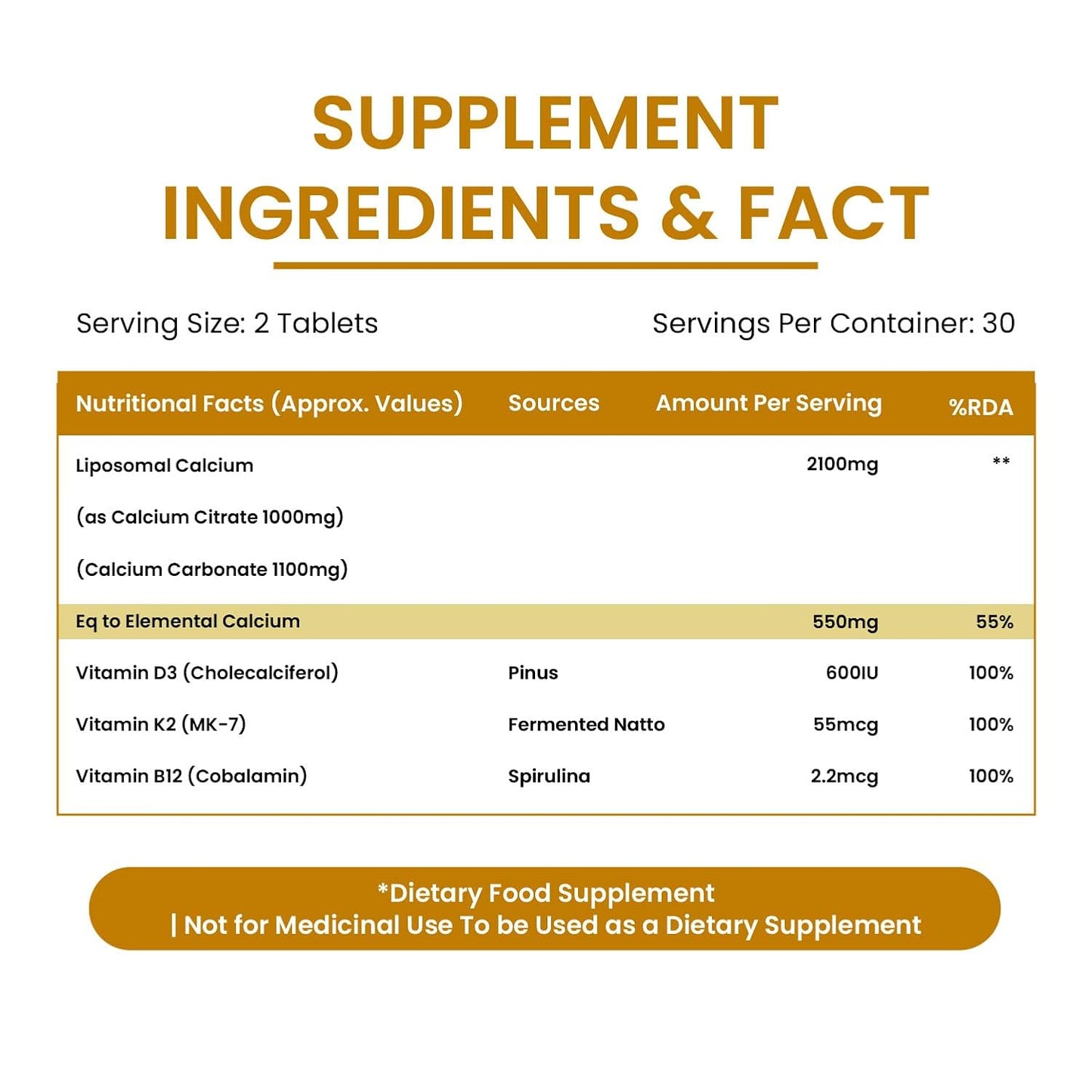 Vlado’s Himalayan Organics Liposomal Calcium 2100 mg with Vitamin D3, K2 (MK-7) & Vitamin B12 – 60 Veg Tablets | For Men & Women
