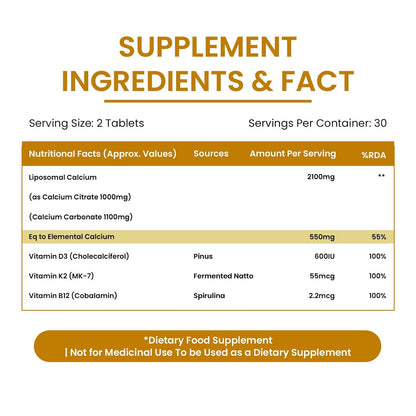 Vlado’s Himalayan Organics Liposomal Calcium 2100 mg with Vitamin D3, K2 (MK-7) & Vitamin B12 – 60 Veg Tablets | For Men & Women