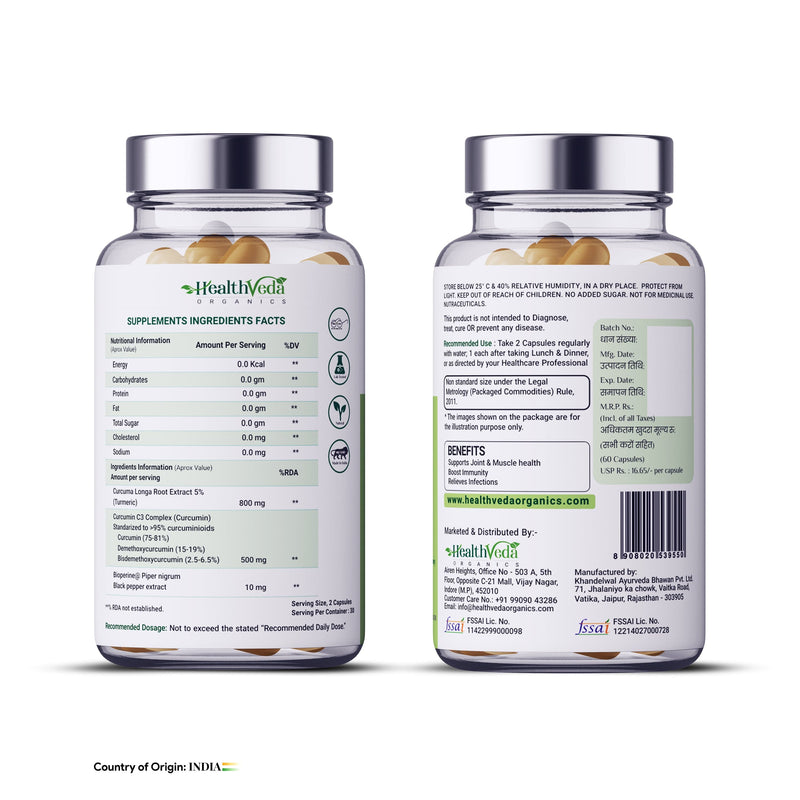 Health Veda Organics Curcumin C3 + Bioperine Supplements, 1310 Mg | 60 Veg Capsules