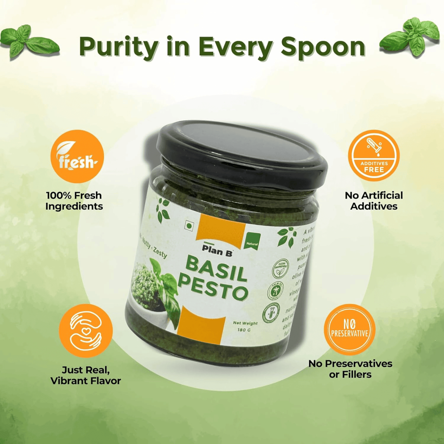 Plan B Vegan Basil Pesto Sauce | Dairy-Free, No Preservatives | Made with Basil, Olive Oil & Pumpkin Seeds | Plant-Based, Gluten-Free | 180g Jar
