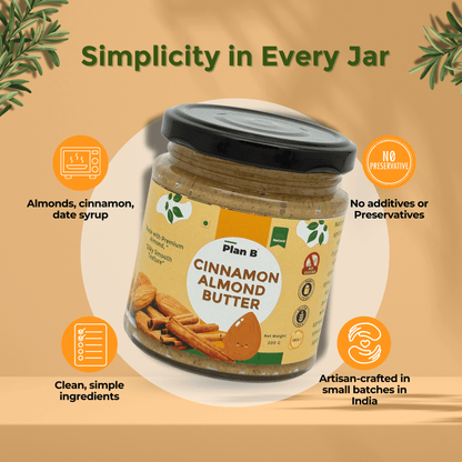 Plan B Cinnamon Almond Butter | Creamy, Spiced Vegan Nut Butter | No Added Sugar, Gluten-Free, High Protein | 100% Natural Roasted Almonds with Cinnamon | Dairy-Free Healthy Spread | 200g Jar