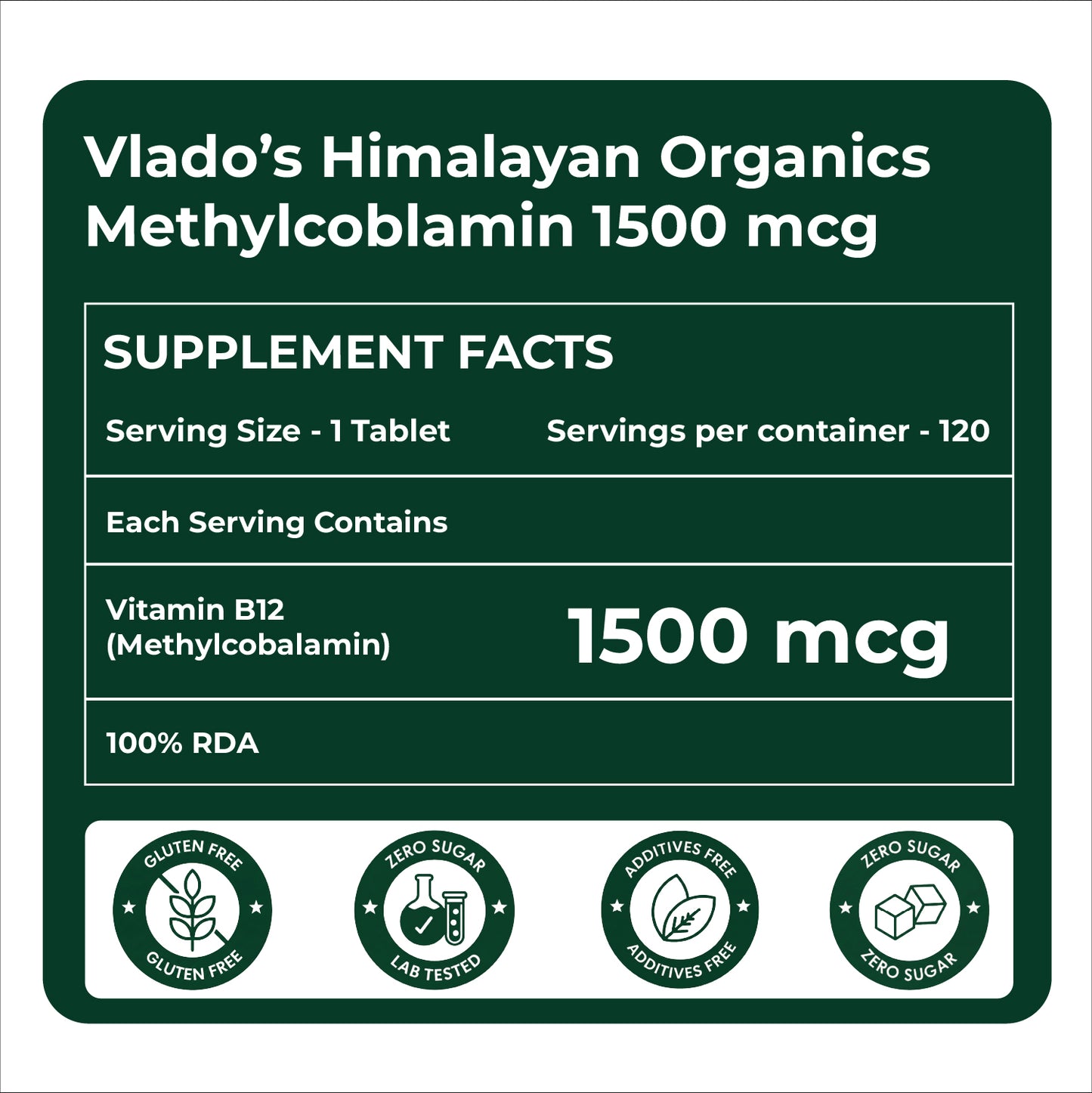 Vlado's Himalayan Organics Methylcobalamin Vitamin B12 Tablets 1500 mcg | 120 Vegetarian Tablets | 4 Months Supply