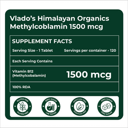 Vlado's Himalayan Organics Methylcobalamin Vitamin B12 Tablets 1500 mcg | 120 Vegetarian Tablets | 4 Months Supply